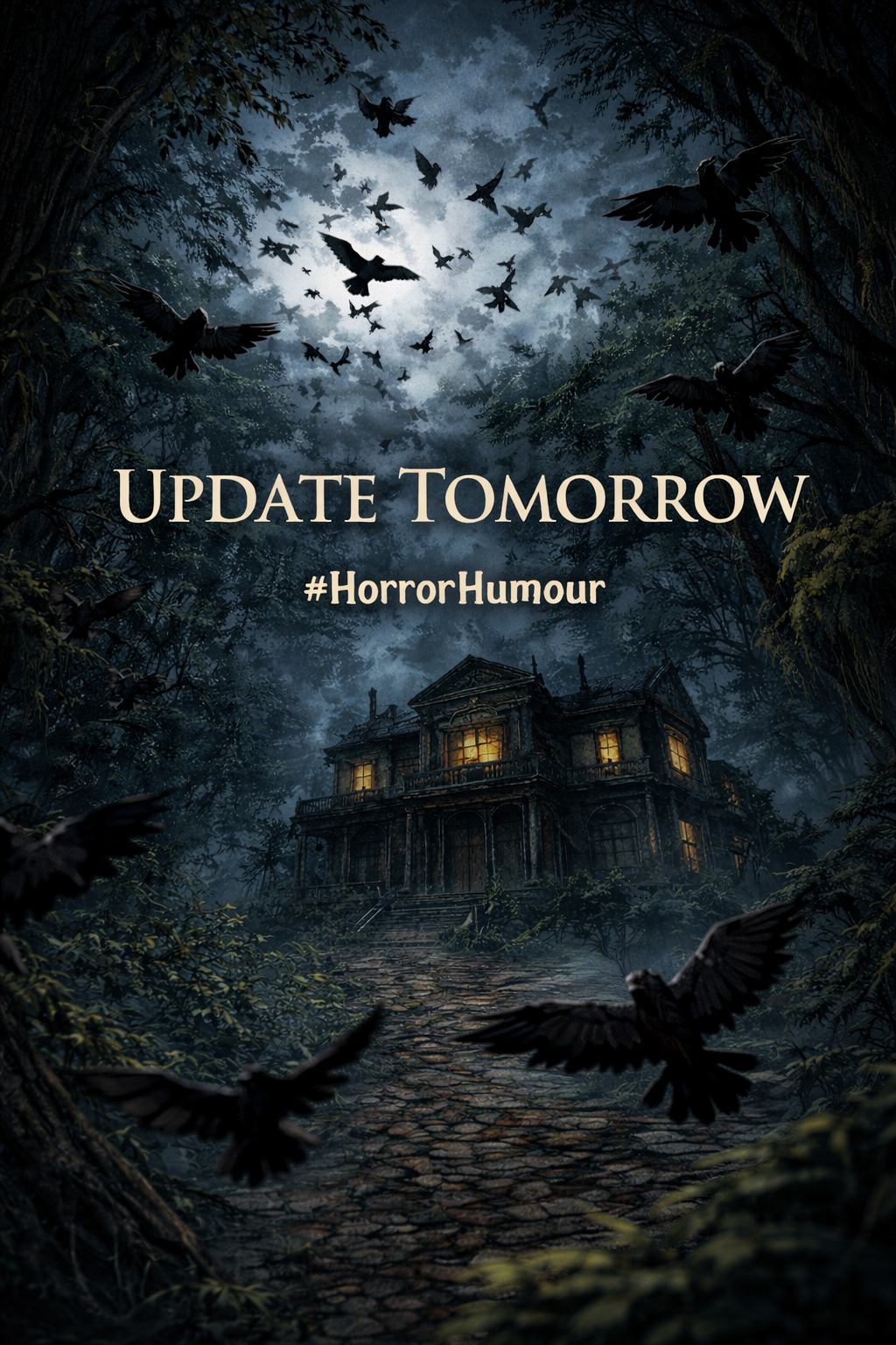 Update Tomorrow — crows gather above a haunted house