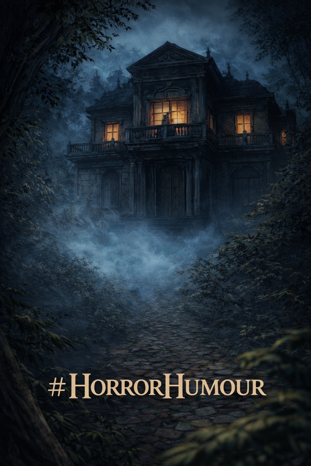#HorrorHumour — a mysterious mansion in blue night fog